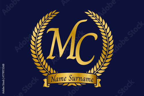Initial letter M and C, MC monogram logo design with laurel wreath. Luxury golden calligraphy font.