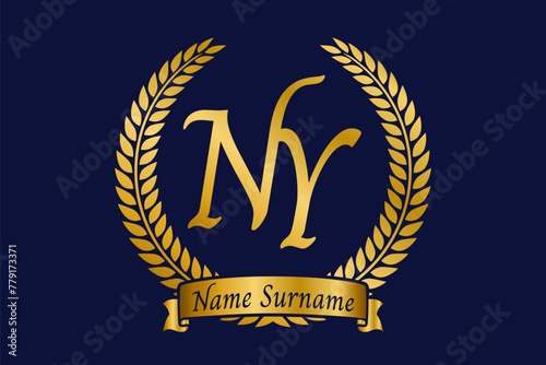 Initial letter N and Y, NY monogram logo design with laurel wreath. Luxury golden calligraphy font.