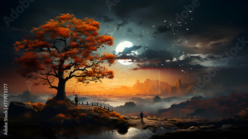 Fantasy landscape with a lonely tree in the middle of the night © Wazir Design