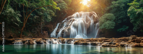 Panoramic beautiful deep forest waterfall in Thailand photo
