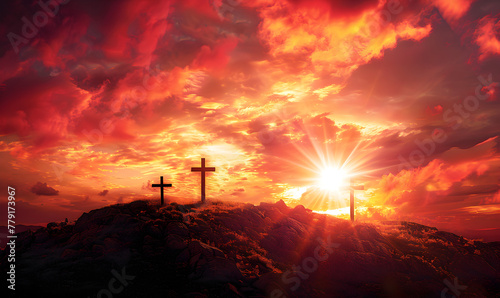 Christian cross on hill outdoors at sunrise. Resurrection of Jesus. concept. cross at sunset background. Crucifixion And Resurrection of Jesus at Sunrise. 