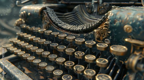 A close-up of an old, vintage typewriter with its keys and mechanical parts visible