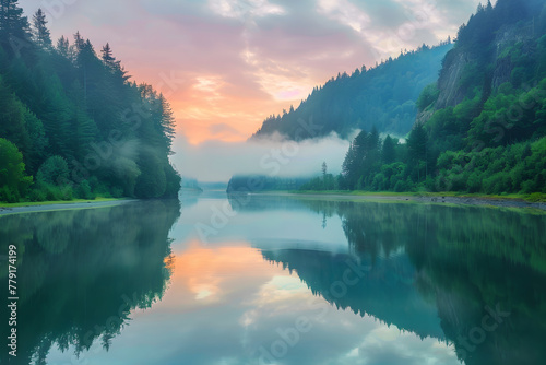 Sunrise Serenity: A Mesmerizing Landscape of Misty River against Forest Backdrop at Dawn © Michael