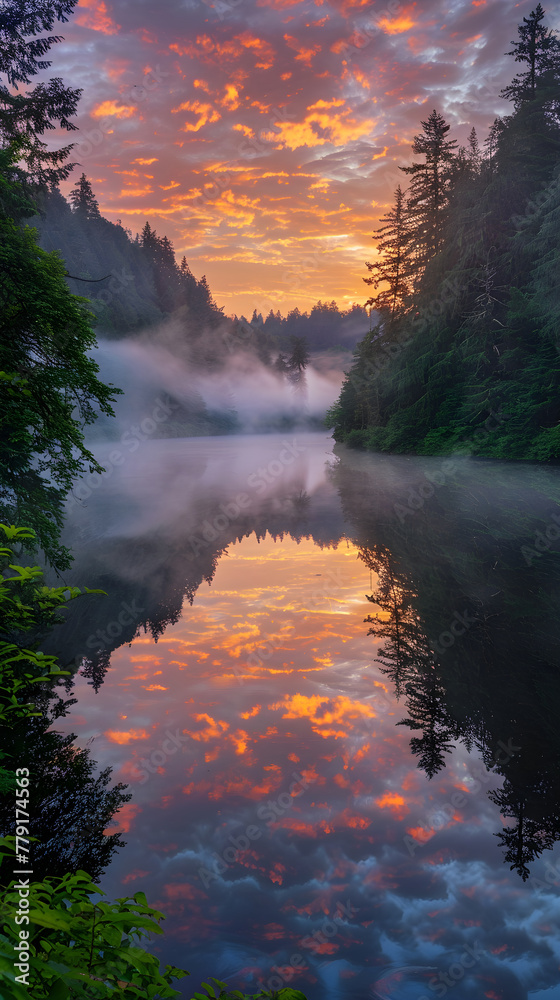 Sunrise Serenity: A Mesmerizing Landscape of Misty River against Forest Backdrop at Dawn