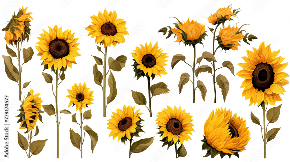 Watercolor sunflowers branch illustration set. Yellow summer flowers and green leaves branch, Floral elements Watercolor sunflowers branch illustration set. Yellow summer flowers and green leaves branch, Floral elements