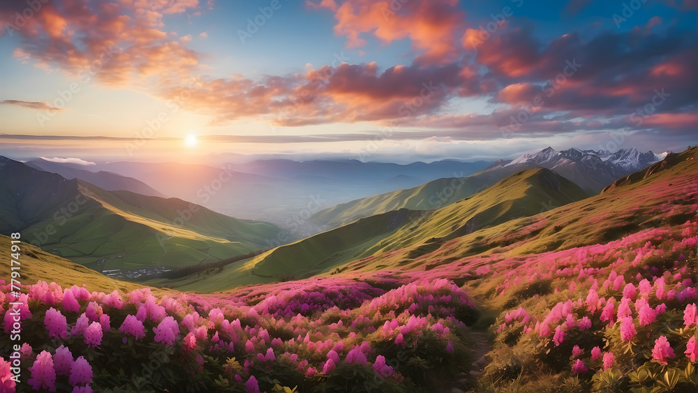 This breathtaking panorama illustrates a stunning spring sunset over a mountain valley adorned with a carpet of pink flowers under a dreamy sky