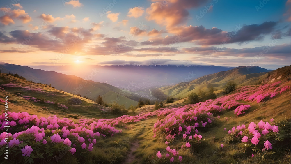A mesmerizing spring sunrise illuminates a sweeping landscape of rolling hills carpeted with pink flowers in the fresh mountain air A mesmerizing spring sunrise illuminates a sweeping landscape of rolling hills carpeted with pink flowers in the fresh mountain air