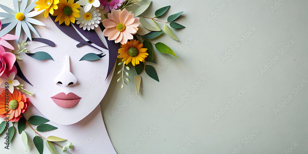 Illustration of face and flowers style paper cut with copy space for Mother's Day and Women's day