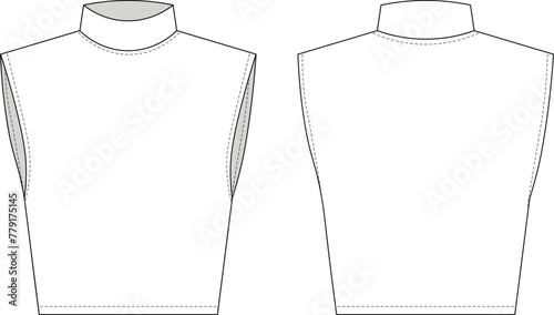 drop shoulder sleeveless turtleneck high neck  fit slim blouse top tee template technical drawing flat sketch cad mockup fashion woman design style model
