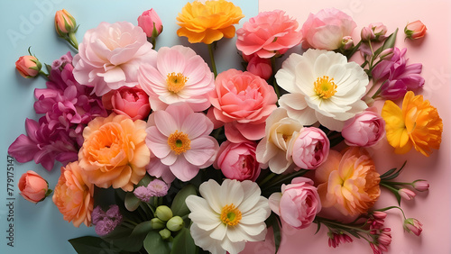 Assorted spring flowers in a burst of colors laid on a gradient pastel background represent the vibrant essence of spring