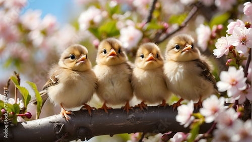 Four adorable chicks perched on a branch surrounded by the delicate pink blooms of spring, conveying new life and beginnings © Heruvim