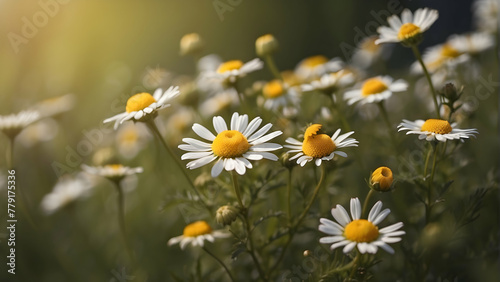 Warm spring sunlight illuminates a peaceful field of daisies, creating an image of simplicity and freshness