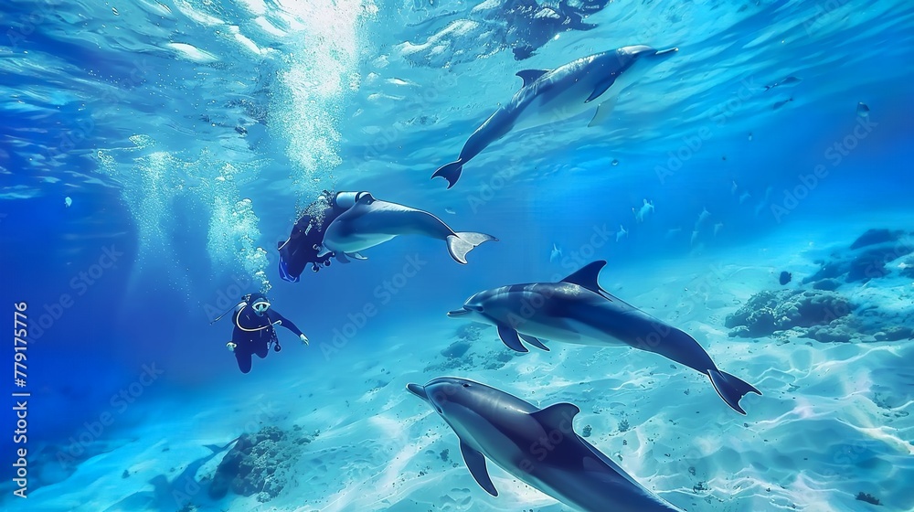 divers swim with dolphins