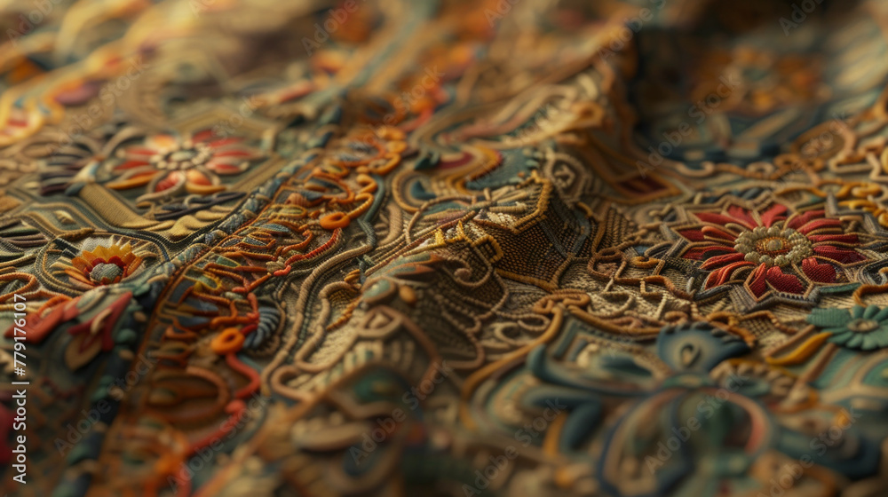 A close-up of a detailed, handwoven tapestry with intricate patterns and vibrant colors A close-up of a detailed, handwoven tapestry with intricate patterns and vibrant colors