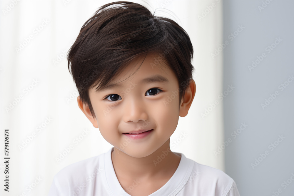 Asian Child boy with white background. Nursery school. Childhood professions. School holidays. Topics related to childhood. Japanese. Chinese. Asian country.