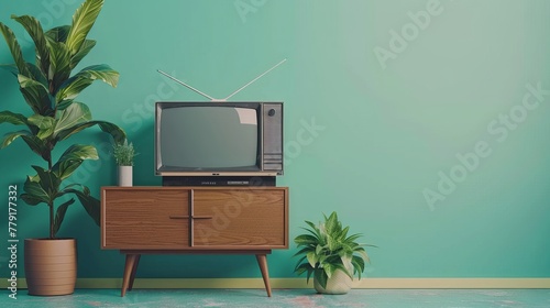 Vintage television from the 1980s displayed against a mint green wall for a nostalgic touch.