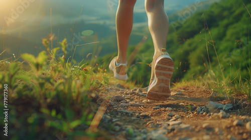 Close up portrait of summer mountain trial hiker feet, walking through green grass path in rays of morning sun shine