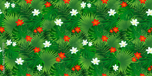 Tropical flowers seamless pattern. Hawaii blooming vector repeated banner. Amazon rainforest foliage template background. Summer and spring floral wallpaper with jungle tropic palm leaf, hibiskus.
