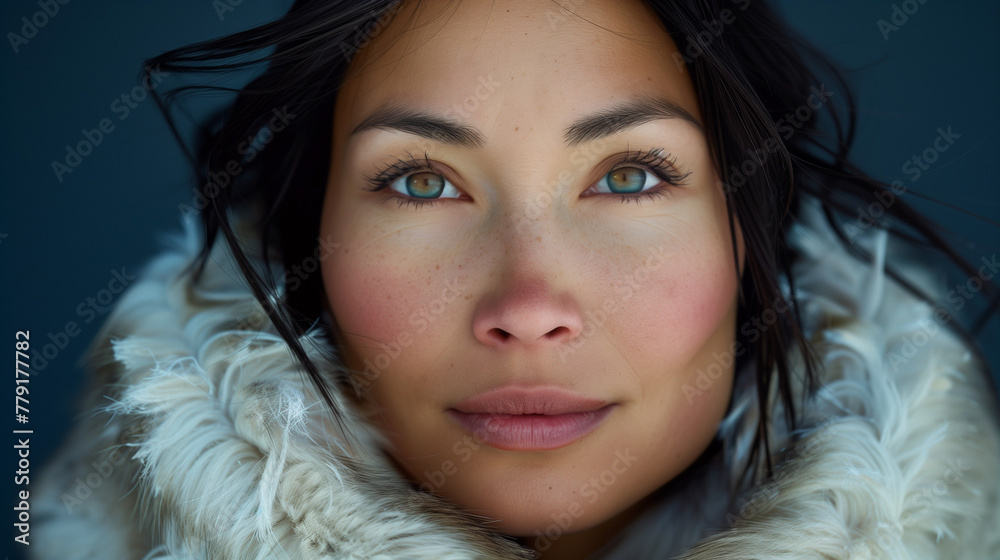 Portrait of beautiful indigenous woman wearing traditional fur coat.