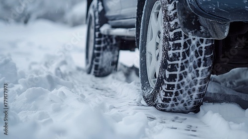 Close-up of car wheels rubber tires in deep winter snow. AI generated © ANIS