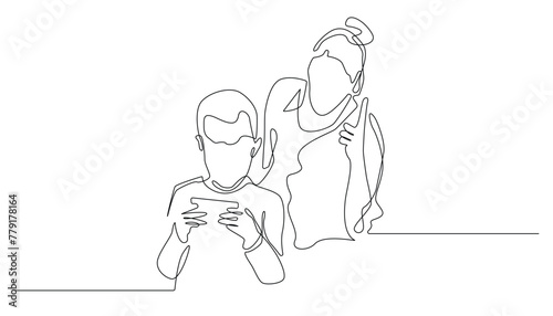continuous line of angry mother while child plays with gadget. portrait of mother scolding her child one line drawing. little boy playing mobile phone forgetting to study vector single line