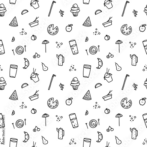 Seamless monochrome pattern about food and drinks. Daily meals and snacks, sweets. Sweet fruits and berries. Hot pastries and cocktails. Template for packaging, wrappers, napkins