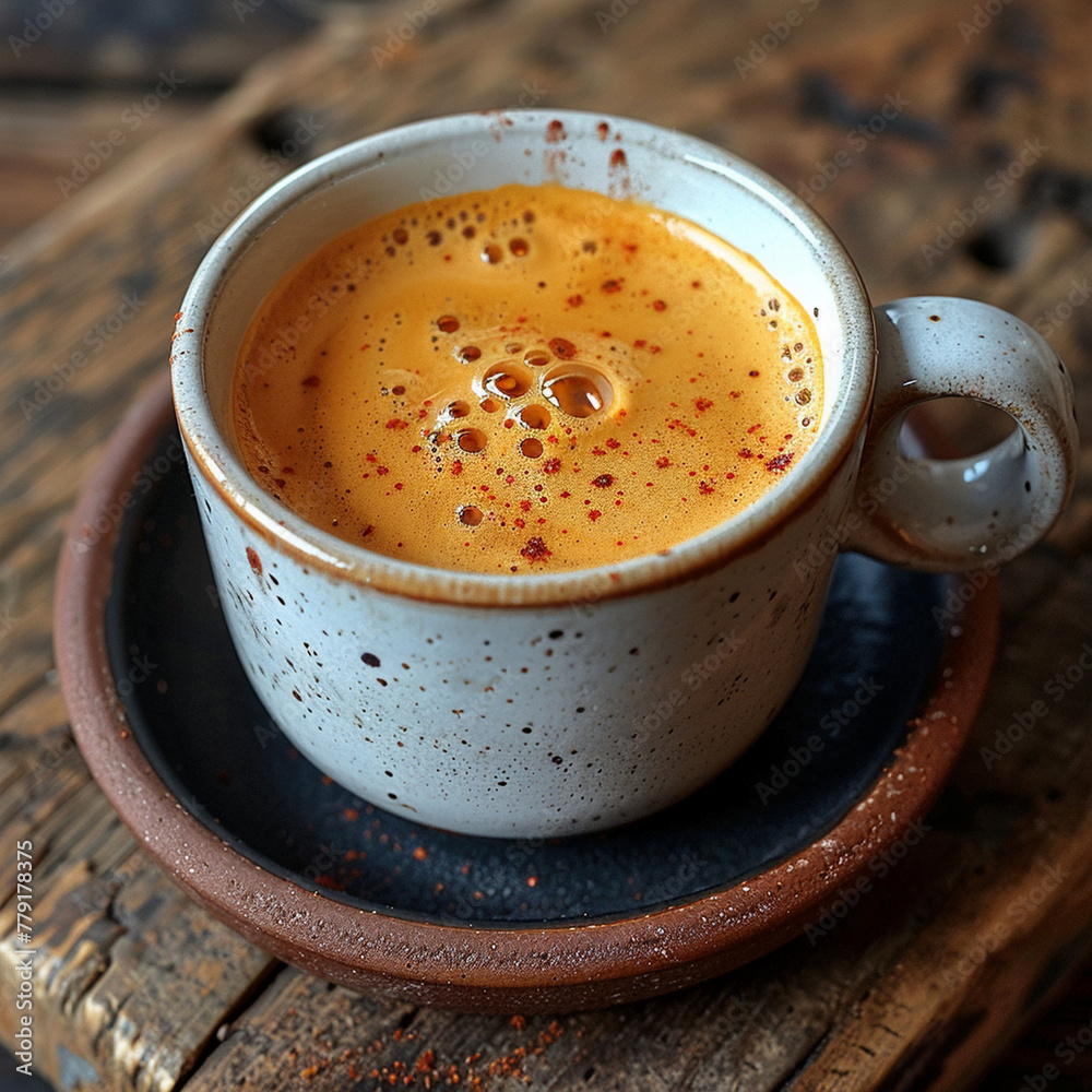 Hot Coffee in Steaming Cup with Coffee Beans Scattered Around