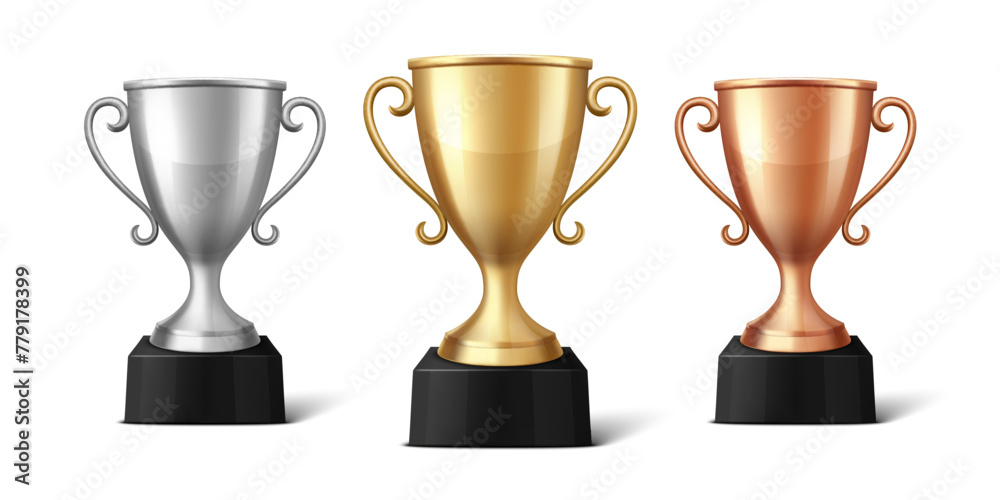 Vector Blank Golden, Silver and Bronze Champion Cup Isolated on White Background. Design Template of Championship Trophy. Sport Tournament Award, Winner Cup and Victory Concept - obrazy, fototapety, plakaty 