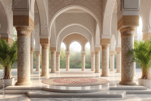 Arches of the palace. A stage with a golden arabic pattern. photo