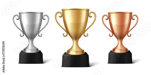 Vector Blank Golden, Silver and Bronze Champion Cup Isolated on White Background. Design Template of Championship Trophy. Sport Tournament Award, Winner Cup and Victory Concept