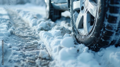 Close-up of car wheels rubber tires in deep winter snow. AI generated