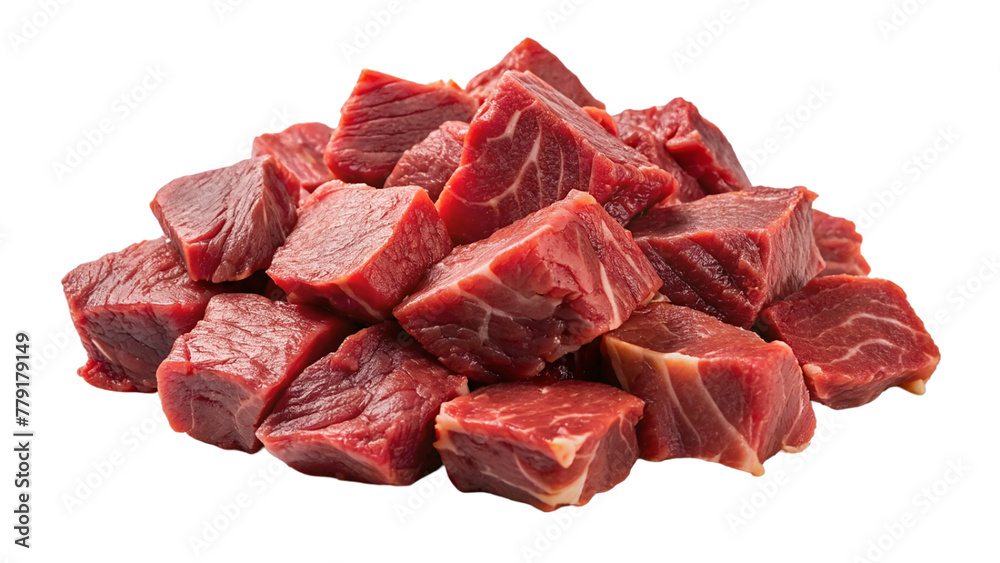Pile of raw beef meat isolated on transparent background. Top view.