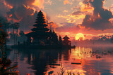 Temple à Bali au lever du soleil pour le début de la période du silence pour Nyepi, nouvel an balinais, basé sur le calendrier Saka,  moment de sérénité et de calme sans travail, dédié à la méditation