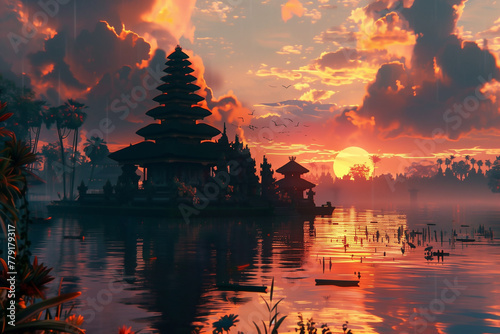 Temple à Bali au lever du soleil pour le début de la période du silence pour Nyepi, nouvel an balinais, basé sur le calendrier Saka,  moment de sérénité et de calme sans travail, dédié à la méditation photo