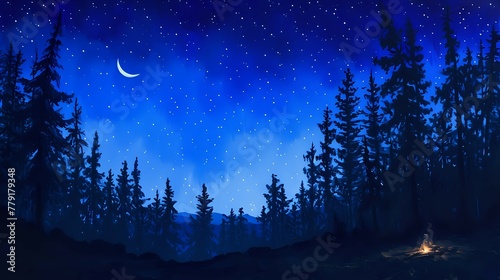 Moonlit Pine Forest  Tranquil Night Sky. n