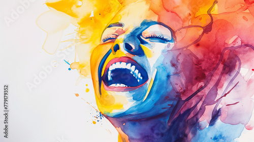 Beautiful laughing woman face abstract watercolor illustration on the paper. happy smile. Happiness emotions. Concepts about emotional health, joy, pleasure, enjoy. Psychology, mentality,feeling.
