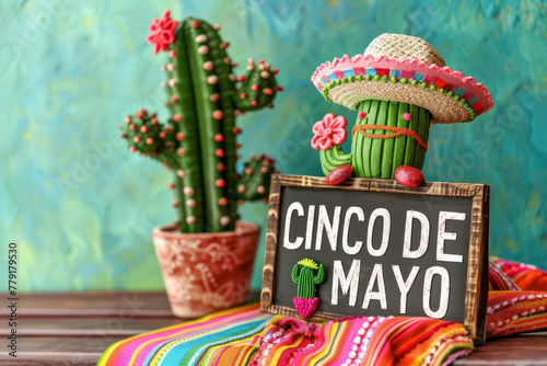Concepto de celebracion del 5 de mayo en Mexico. Maceta con cactus con cara, sombrero charro sobre tabla de madera ,  fondo grunge turquesa y cartel photo