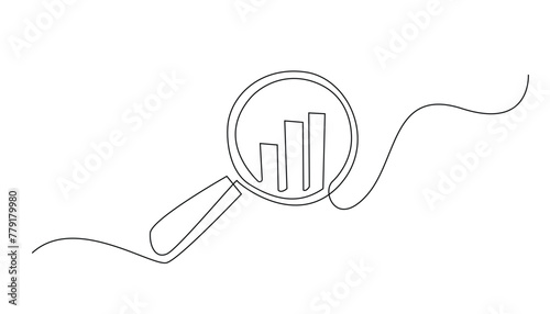 continuous line magnifying glass and bar graph business.looking icon,fast growing business.vector one line drawing