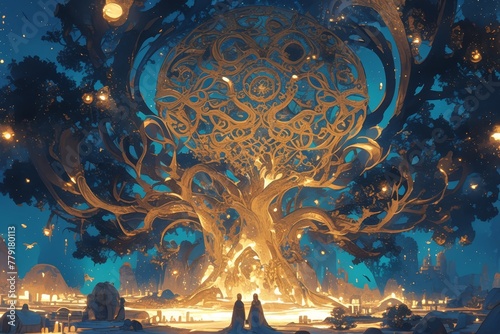 A tree of life with many roots, illuminated by candles and surrounded by an intricate mandala design