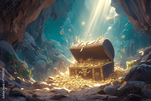 a treasure chest full of gold coins in the cave photo