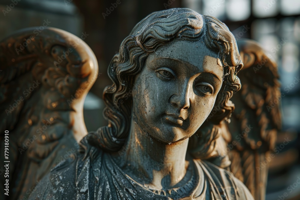 Detailed close-up shot of an angel statue, ideal for religious or spiritual concepts