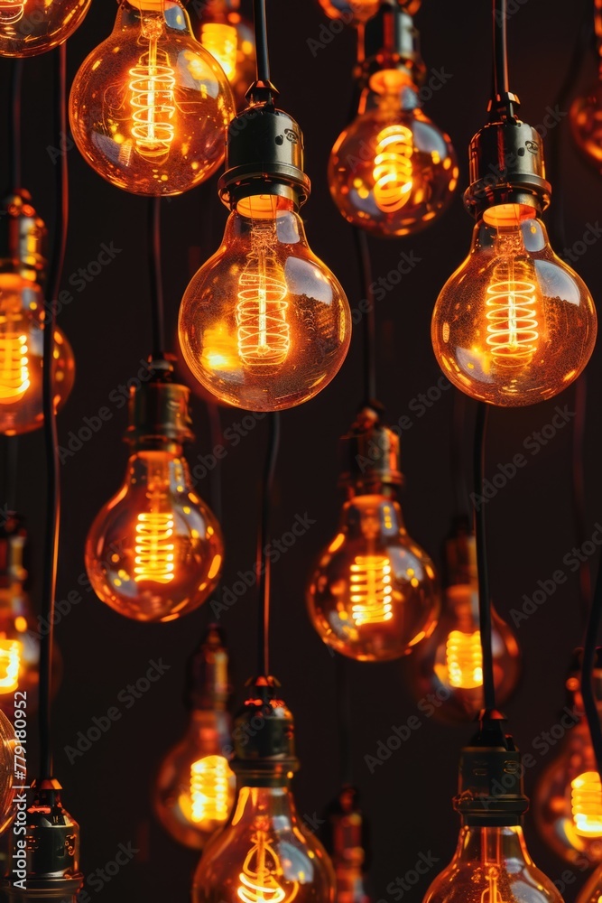 A cluster of hanging light bulbs on a ceiling, suitable for interior design concepts