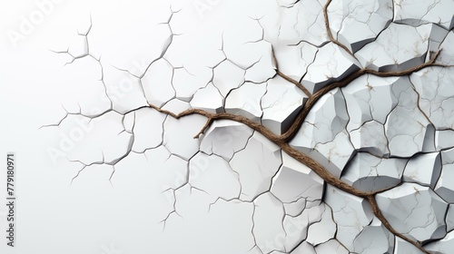 Cracked wall with tree growing through it, broken, dry, leaf