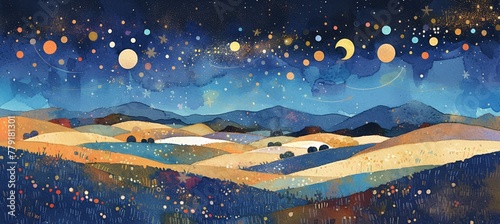 A whimsical watercolor ilration of the night sky, filled with twinkling stars and floating moons
