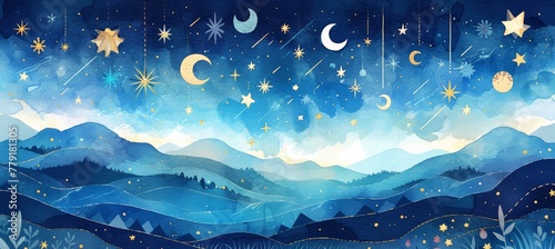 A whimsical watercolor ilration of the night sky, filled with twinkling stars and floating moons photo