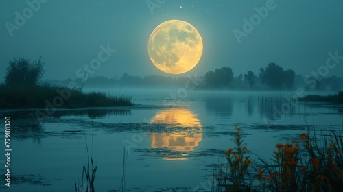 Majestic Supermoon Over Tranquil Lake, generative ai