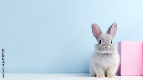 Cute rabbit sitting on blue background with pink and blue boxes, box, mammal, animal ear, small