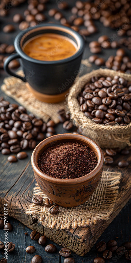 Coffee Beans in Bags with Coffee Cup Coffee Beans in Bags with Coffee Cup