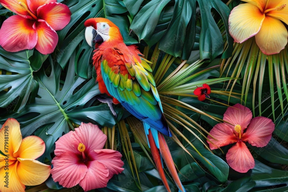 Obraz premium A vibrant parrot perched on a lush plant, perfect for nature themes