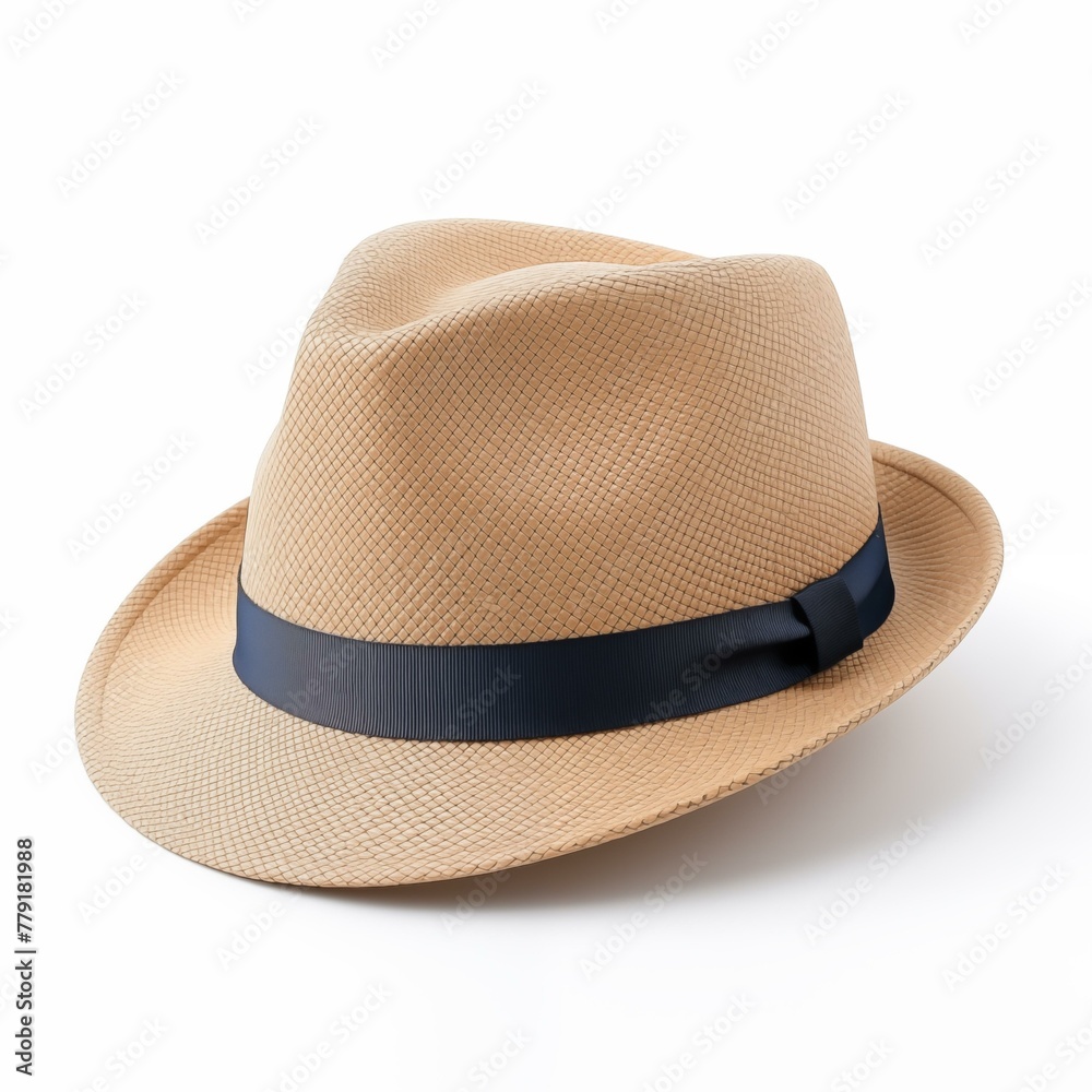 Tan fedora hat on white background, clothing, straw hat, shade, panama hat